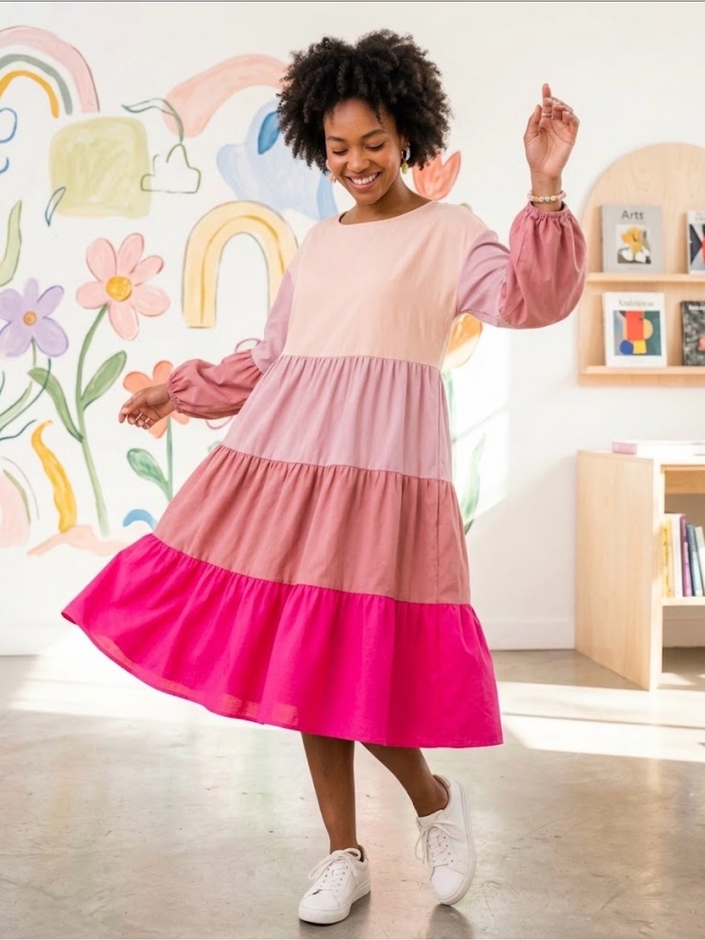 Girls Tiered Long Sleeve Dress in Pink Colorblock